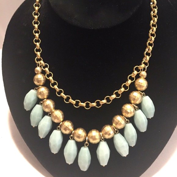Lia Sophia Bib Necklace Light Blue & Matte Gold Tones Layered NWT Perfect - Picture 2 of 5